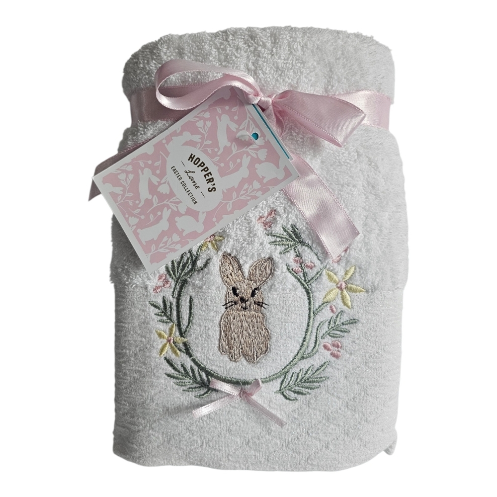 New Hopper's Lane Luxe Cotton Bunny Easter Spring 2 Hand Towels